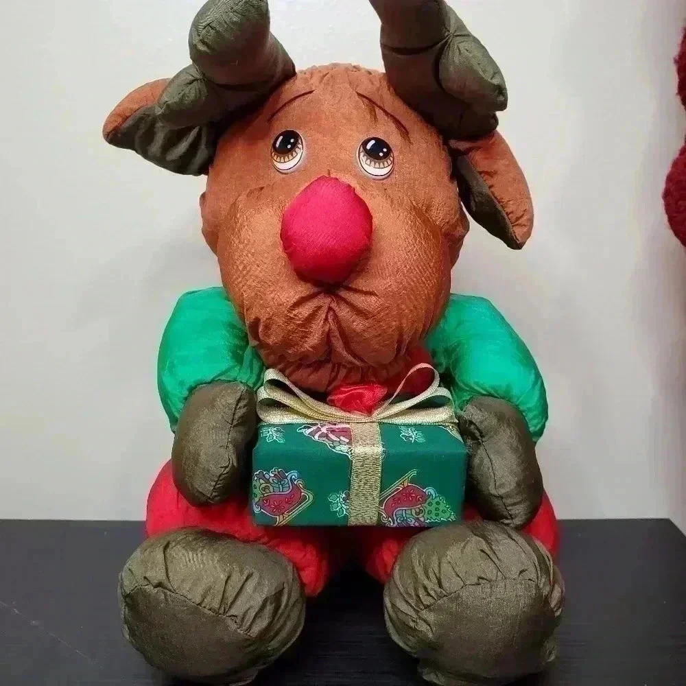 Vintage T.L. Toys 1992 Christmas Reindeer With Present Nylon Weighted Plush